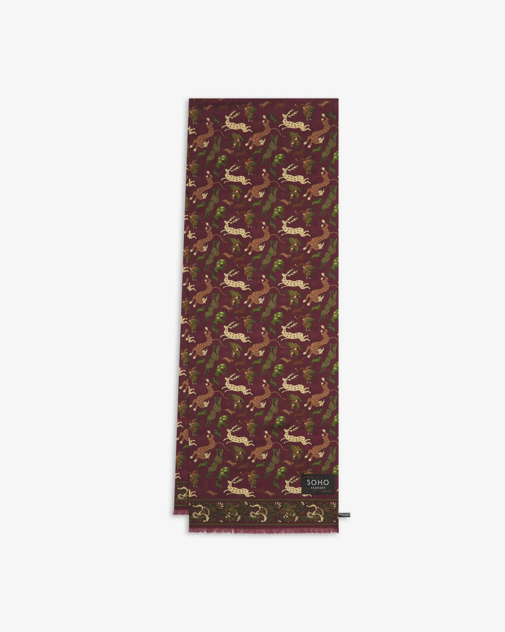 UK Wool and Silk Scarf - Woodland Creatures in Burgundy - Image 3