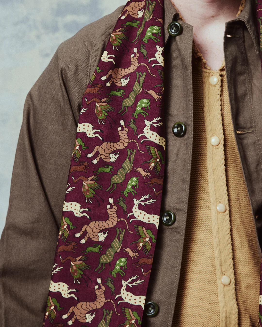 UK Wool and Silk Scarf - Woodland Creatures in Burgundy - Image 5