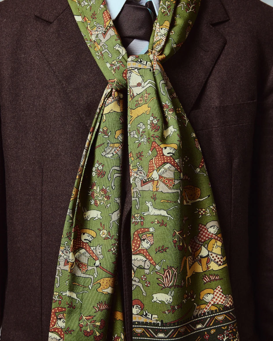 UK Wool and Silk Scarf - Hunters in Olive Green - Image 4