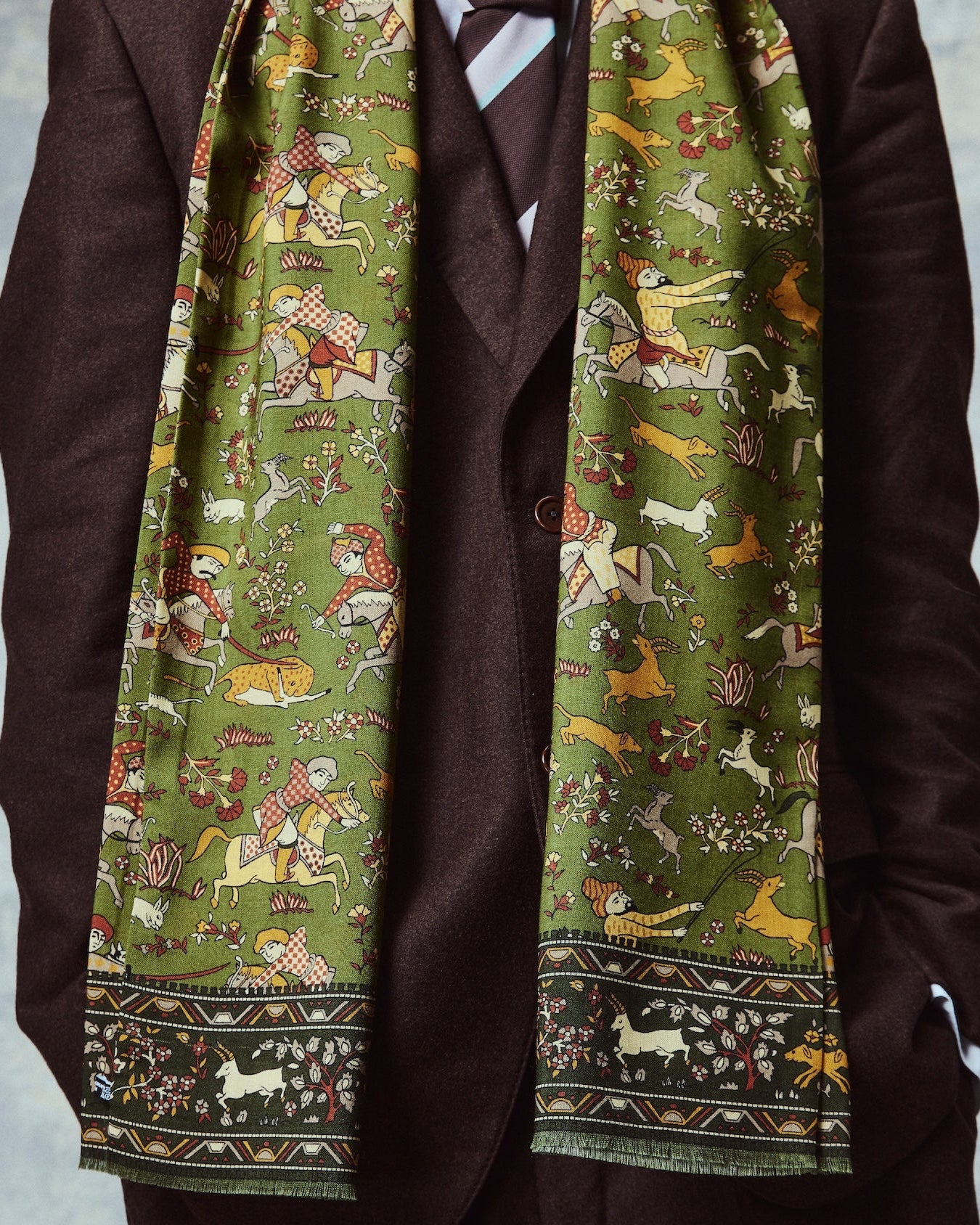 UK Wool and Silk Scarf - Hunters in Olive Green - Image 6